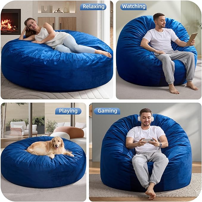Hobestluk 6FT Bean Bag Chair Bean Bag Chairs for Adults Giant Bean Chairs with Velvet Cover, Memory Foam BeanBag Chair Fluffy BeanBag Chairs for Living Room, Bedroom- Blue (70" x 70" x 15")-Ruum Studio Home