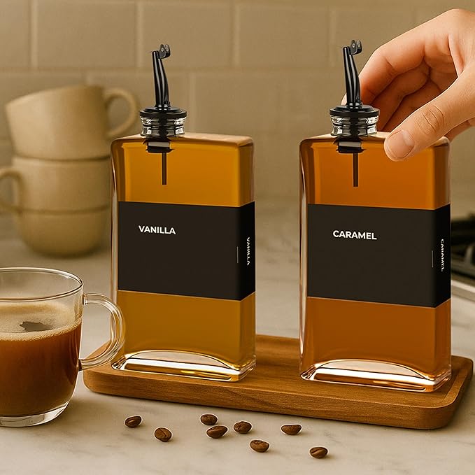 Olive Oil Dispenser Bottle - Includes 44 Kitchen Essential Labels - Cooking Oil Bottles for Kitchen, Coffee Syrup Dispenser - Pourer Spout with 11.8 fl oz Glass Container Cruet - 4pcs, Black-Ruum Studio Home