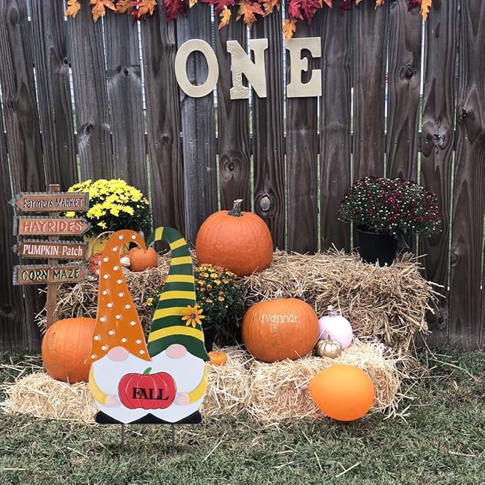 YEAHOME Outdoor Fall Decor, 2 Gnomes Decorative Garden Stake with Pumpkin for Fall Decorations, Autumn Metal Yard Signs for Home Outside Garden Porch Lawn, Thanksgiving Decorations Outdoor (YHMD-478)-Ruum Studio Home