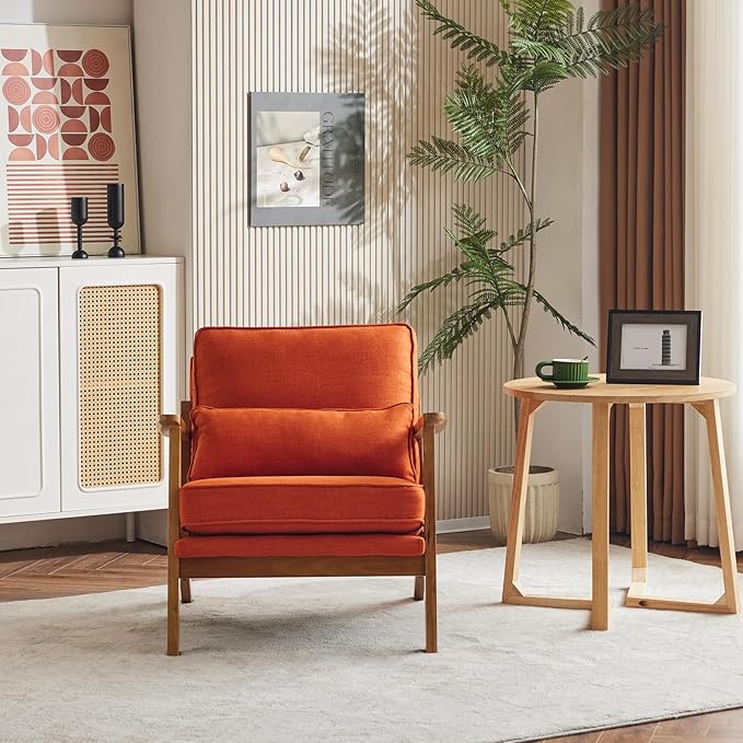 Karl home Accent Chair Wide Armrest Mid-Century Lounge Chair Linen Fabric Armchair with Lumbar Pillow & Solid Wood Frame for Living Room, Bedroom, Balcony, Burnt Orange-Ruum Studio Home