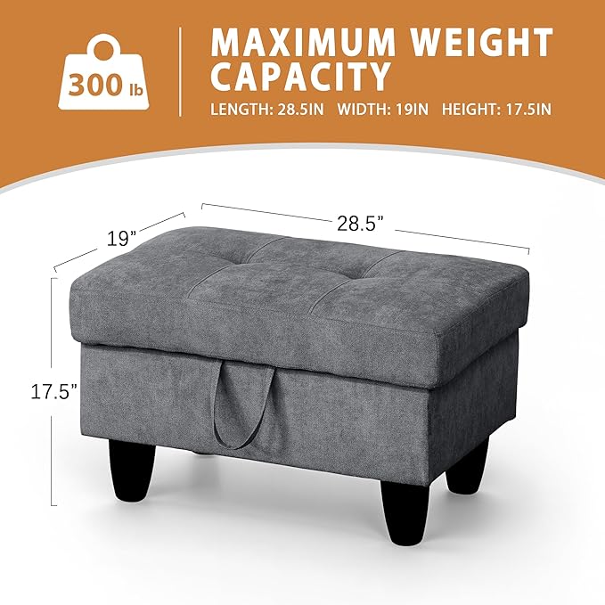 Ottoman Rectangular Storage Ottoman Bench, Flannel Footrest Stool Footstool with Lid for Living Room, Bedroom, Entryway, Dark Gray, 28.5"x19"x17.5"-Ruum Studio Home