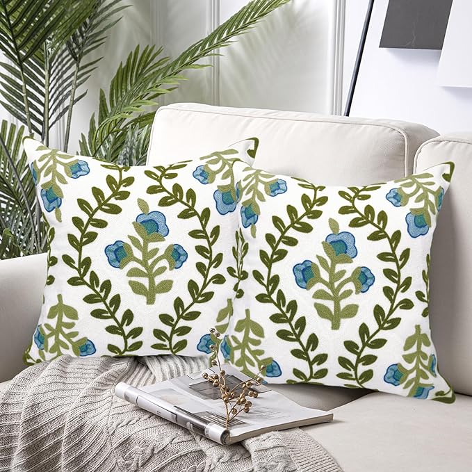Alysheer Floral Embroidered Summer Decorative Throw Pillow Covers 18"x 18" Set of 2, Farmhouse Blue Flowers Green Vines Patterned Cotton Cushion Cases for Couch Bed Living Room Cottage Decor-Ruum Studio Home