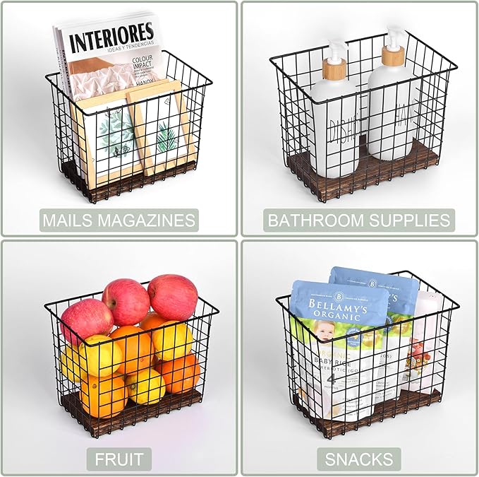 Wall Hanging Baskets 3 Pack, Large Diversified Wire Basket Shelves of Wooden Style, with Wall Mounted Metal Hooks & Traceless Stickers, for Kitchen Coffee Bar Office Room Garage Storage Organization-Ruum Studio Home