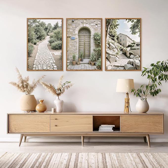 Aurlan Neutral Italy Countryside Landscape Framed Wall Art(16"x24"), 3PCS Vintage Mediterranean City Photography Gallery Canvas Artwork, Large Old Town Architecture Travel Decor Prints for Office Bedroom-Ruum Studio Home