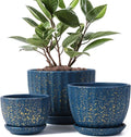 Ceramic Plant Pots with Drainage Holes and Saucers, Round Blue Flower Pots for Indoor Plant, Diameter 3.3/4.3/5.5 Inches Small Mini Flower Planters Set of 3-Ruum Studio Home