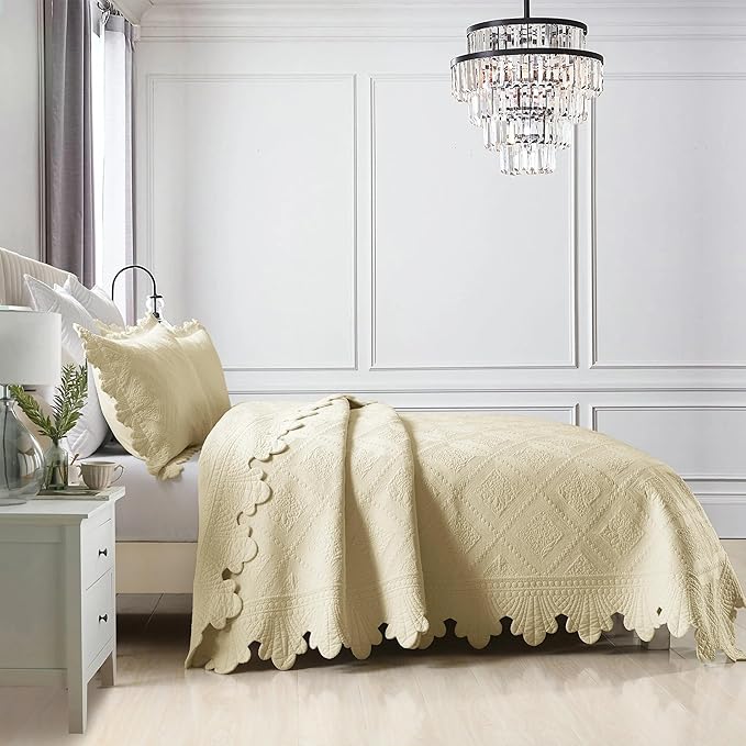 MarCielo 3-Piece 100% Cotton Oversized Bedspread Lightweight Quilt Coverlet Embroidery Farmhouse Bedding Set (Tk Beige Khaki, Oversized Queen (100"x106"))-Ruum Studio Home