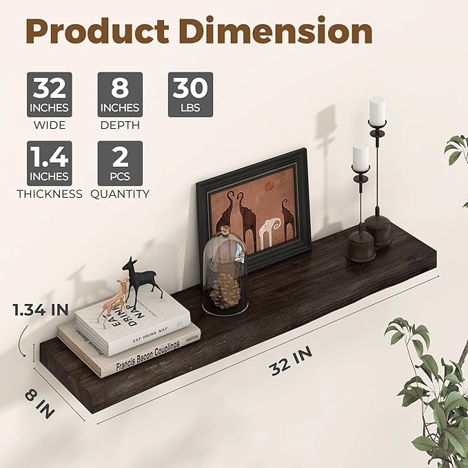 Axeman 32 inch Floating Shelves for Wall - 8'' D Live Edge Rustic Solid Elm Wood Floating Shelves Wall Mounted, Wall Shelves with Invisible Bracket for Living Room Bedroom Kitchen, Set of 2 Walnut-Ruum Studio Home