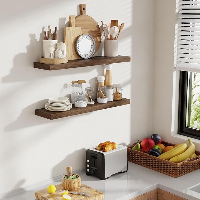 30 Inch Floating Shelves, 8 Inch Deep Floating Shelves for Wall, Hanging Shelf with Invisible Brackets, Deep Shelves for Bathroom, Bedroom, Living Room, Walnut, Set of 2-Ruum Studio Home