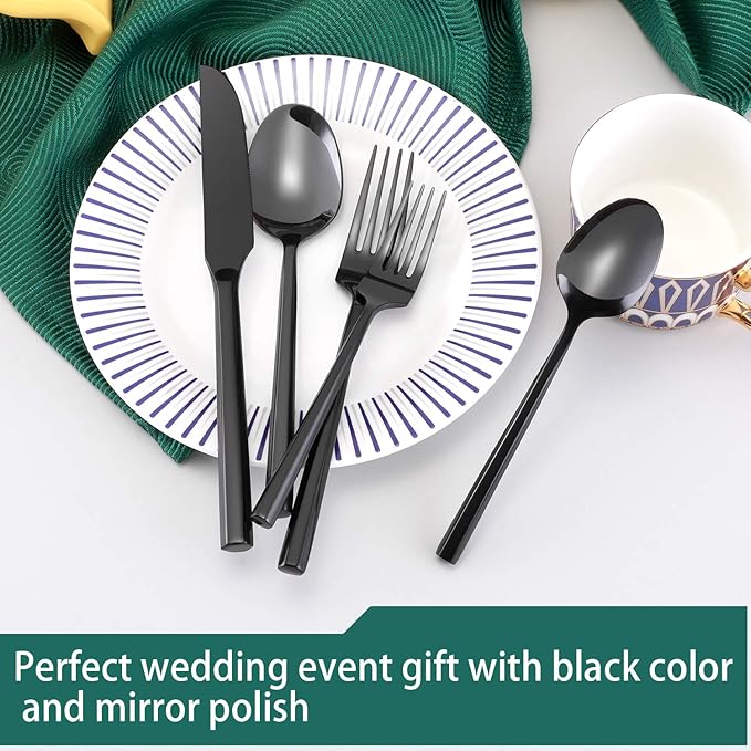 Hand Forged Stainless Steel Flatware Set Silverware Set Cutlery Set Hexagon Handle Black Mirror Finished 20 Pieces Service for 4-Ruum Studio Home