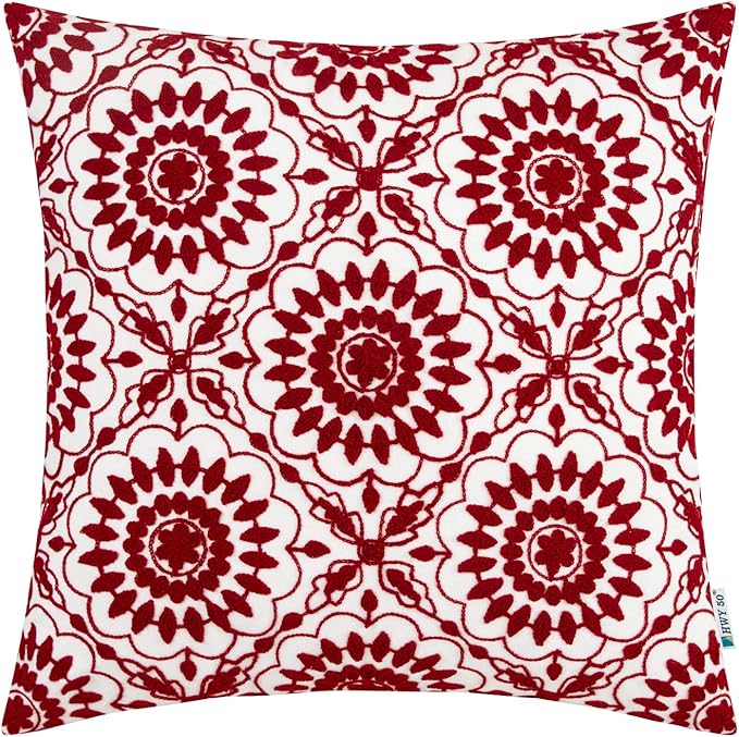 HWY 50 Red Decorative Throw Pillow Covers 18x18 Inch (1 Piece), Embroidered Cotton Farmhouse Cushion Cover Pillow Case for Sofa Couch Living Room Bed, Little Sunflower-Ruum Studio Home