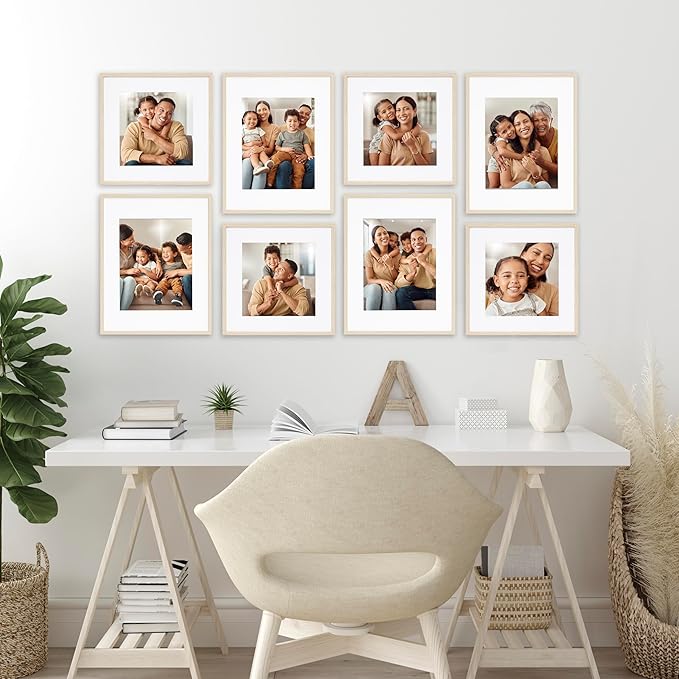 Camden Reed Arcadia 8 Piece Oversized Gallery Wall Frame, 11x14 and 11x11 inch matted frames for featuring 8x10 and 8x8 Inch Photographs or Art Prints, Natural Finish-Ruum Studio Home