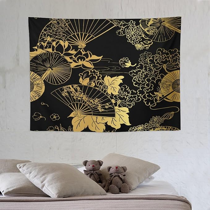 HZOHNAGO Japanese Tapestry Gold Flowers Umbrella Fan Pattern Printed Wall Tapestry Painting Wall Hanging for Bedroom Living Room Dorm 40" W x 30" H-Ruum Studio Home