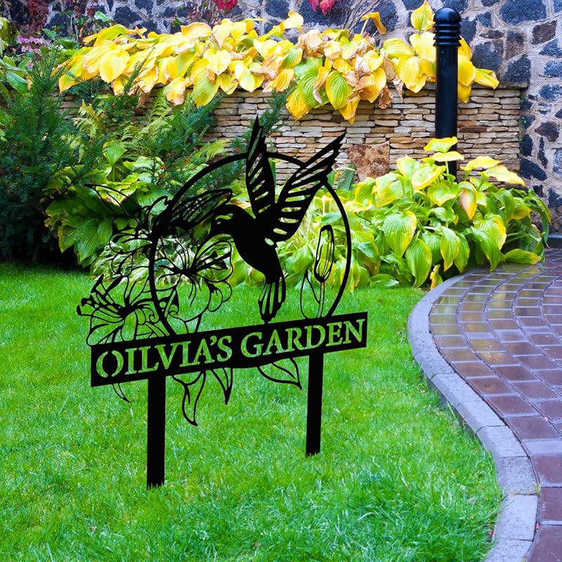 Custom Hummingbird Metal Garden Sign with Stakes, Bird Garden Decorations, Flower Design Personalized Garden Sign, Custom Garden Name Sign, Yard Decor, Home Gift-Ruum Studio Home