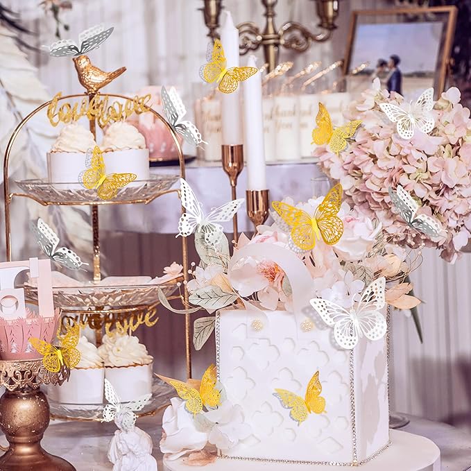 SAOROPEB 3D Butterfly Wall Decor 48 Pcs 4 Styles 3 Sizes, Butterfly Birthday Decorations Party Decorations Cake Decorations Wedding Decor, Removable Stickers (Gold, Silver)-Ruum Studio Home