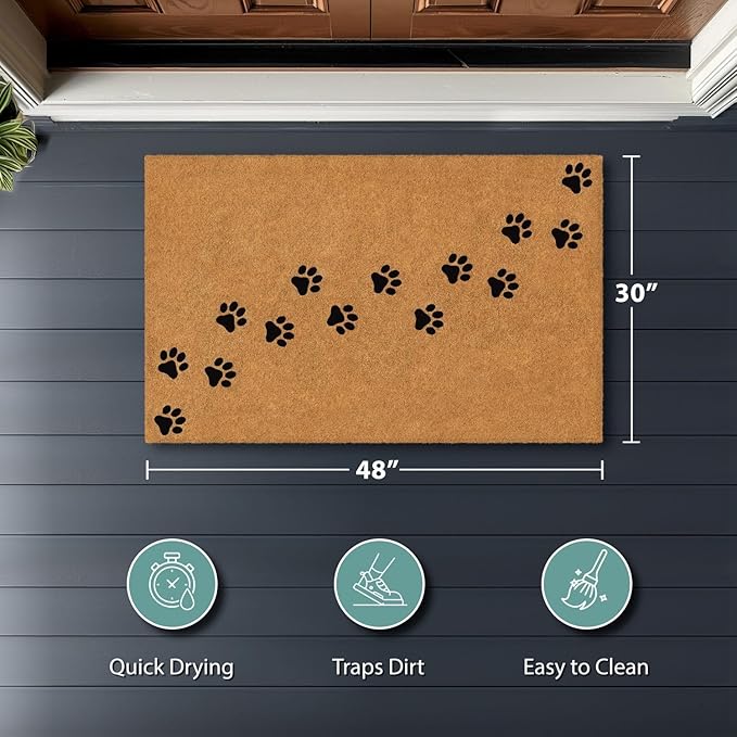 Barnyard Designs Natural Coco Coir Heavy Duty Backing Doormat - Large Cute Non-Slip Front Door Welcome Mat for Outside Entrance or Porch Entry, Brown (30x48, Paws)-Ruum Studio Home