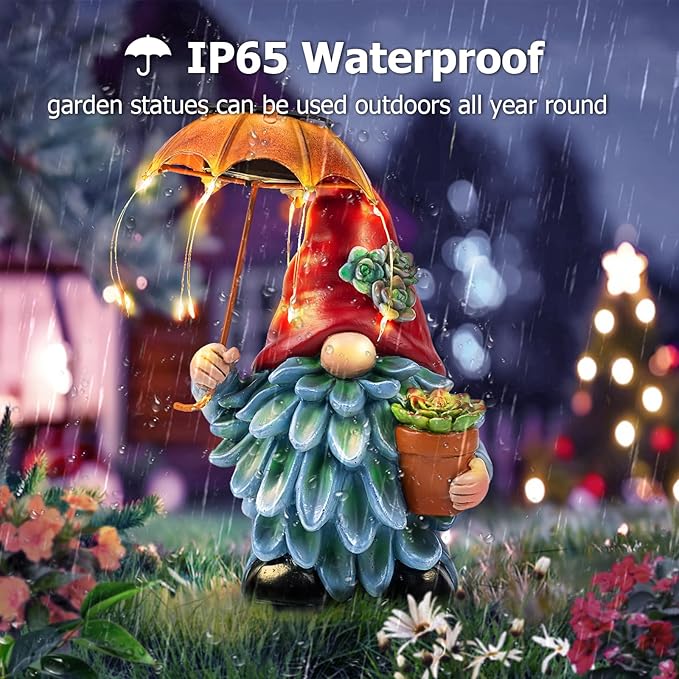 Solar Outdoor Statues Gnome Garden Decor, Garden Gnome with Solar LED Umbrella Decorative for Patio, Balcony, Lawn, Yard Ornament - Unique Gardening Gifts for Mom Grandma-Ruum Studio Home