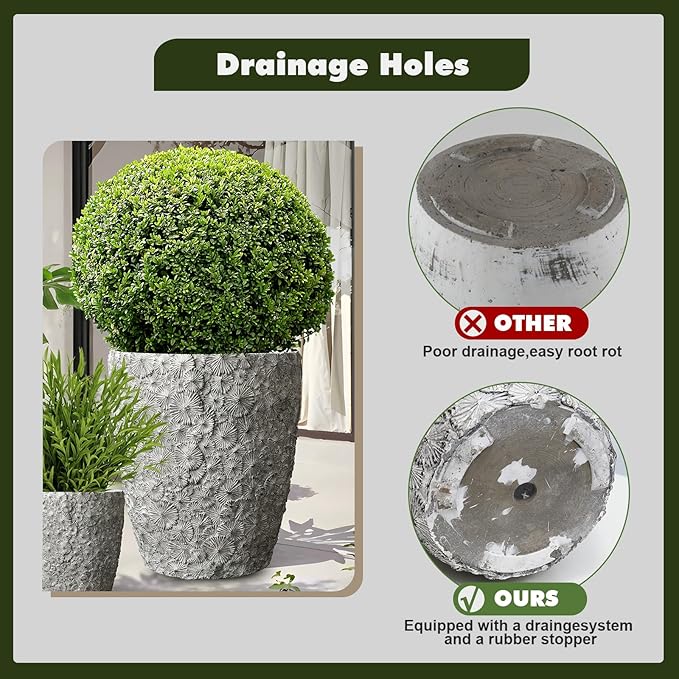 Craft flowerpots 16"+12"+10" Dia Round Concrete Planter Set of 3 Large Outdoor/Indoor Planter Pots Containers with Drainage Holes and Rubber Plug for Home Garden (Grey, Large)-Ruum Studio Home