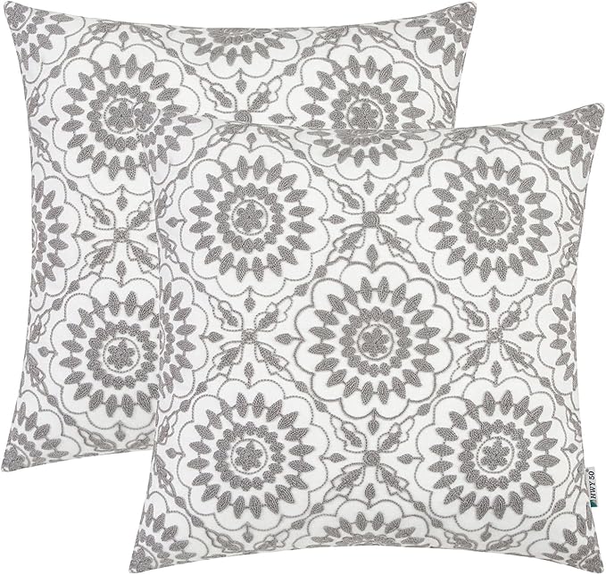 HWY 50 Gray Grey Decorative Throw Pillow Covers 18x18 Inch, Pack of 2 Embroidered Cotton Farmhouse Cushion Cover Pillow Case for Sofa Couch Living Room Bed Bedroon, Little Sunflower Design-Ruum Studio Home