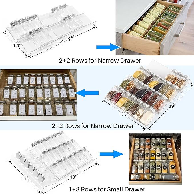 Antimbee Spice Drawer Organizer, 4 Tier- 8 Pack Kitchen Spice Rack Tray for Drawer, Expandable From 13" to 26" Acrylic Seasoning Organizer Rack Holds up 56 Spice Jars (Jars not Include)-Ruum Studio Home