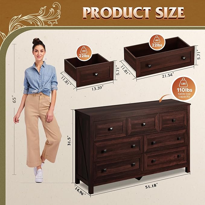 WLIVE Farmhouse Dresser for Bedroom, 51.18'' Wide 7 Drawer Wood Dresser, TV Stand for 65 inch TV, Wooden Chest of Drawers for Bedroom, Modern Clothes Organizer for Living Room, Hallway, Rustic Brown-Ruum Studio Home