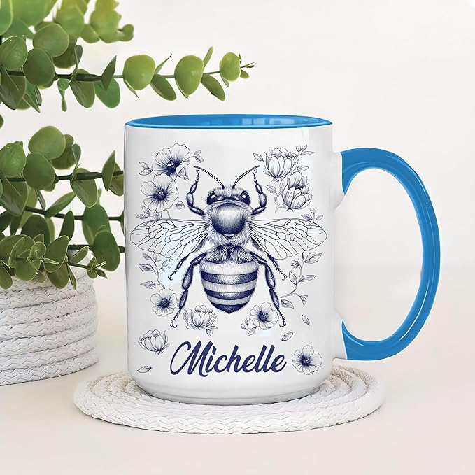 Hyturtle Personalized Floral Bee Mug - Bee Keeper Gifts For Women Lovers Teacher - Honey Gifts For Beekeeper Farmer On Birthday - Queen Honeycomb Decor - Custom Coffee Cup Ceramic Mug 11 Oz 15 Oz-Ruum Studio Home