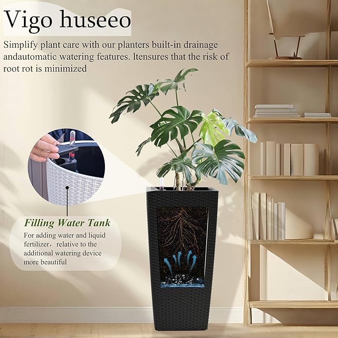 2Pcs 23in High Large Plant Pots Planter-Self-Watering,Modern Planter with Drain Holes,Water Level Monitor,Inner Bucket for Indoor/Outdoor Front Porch Patio,Black Rattan-Ruum Studio Home