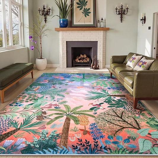 LIVEBOX Washable 6x9 Rug for Living Room, Soft Jungle Animal Print Rugs for Bedroom Aesthetic, Non Slip Purple Boho Rug Botanical Kids Rugs for Bedroom Girls,Stain Resistant Kid Rug for Playroom-Ruum Studio Home