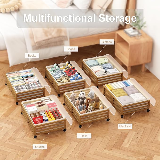 Under Bed Storage with Wheels-Large Bamboo Underbed storage Containers with Large Dust Bag Stackable Under the Bed Shoe Storage Bins for Clothes Books Bedding (2 Packs walnut, 23.62"L×16.54"W× 6.51"H)-Ruum Studio Home