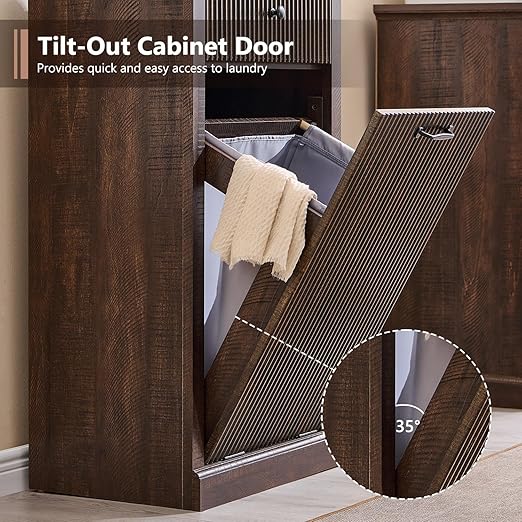 Modern Tilt-Out Trash Can Cabinet, 10 Gallon Fluted Laundry Hamper Cabinet with Drawers, Wooden Hidden Garbage Can Cabinets with Storage Basket, Free Standing for Kitchen and Living Room,Brown-Ruum Studio Home