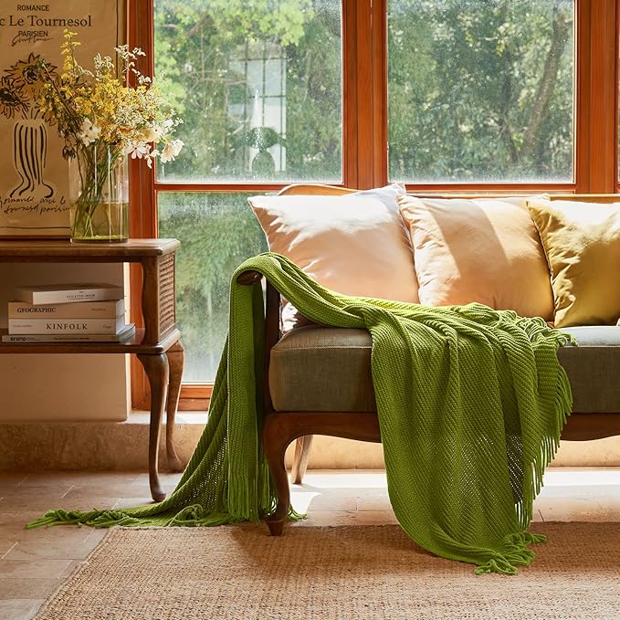 lifein Throw Blanket for Couch, Soft Green Boho Decor Bed Throw,Cozy Knitted Chenille Small Farmhouse Lightweight Throw for Spring(Green,50 * 60")-Ruum Studio Home