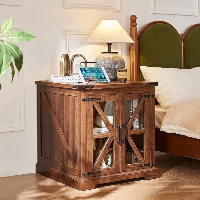 24" End Table with Charging Station, Farmhouse Night Stand with Glass Barn Door, Green Nightstands with Adjustable Storage Shelf, Large Wood Square Bed Side Table for Living Room, Bedroom-Ruum Studio Home