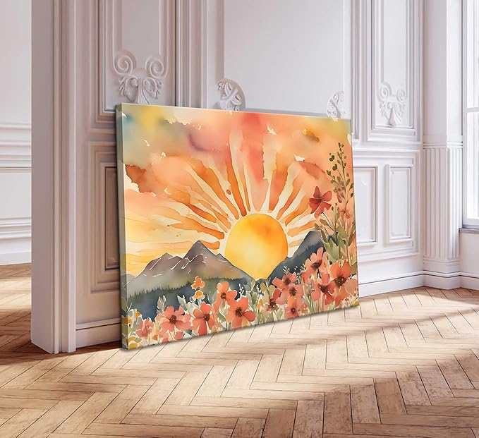Boho Sun Canvas Wall art Mid-Century Modern Abstract Bohemian Sunset in The Mountains Watercolor Wildflowers Sunrise Landscape Picture Wall Decor Poster Print Artwork for Living Room Bedroom-Ruum Studio Home