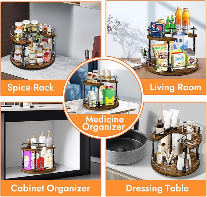 2-Tier Lazy Susan Organizer Turntable Spice Organization U-Shape 11.8" Rotating Spice Rack Height Adjustable for Cabinet, Pantry, Kitchen Countertop, Party-Ruum Studio Home