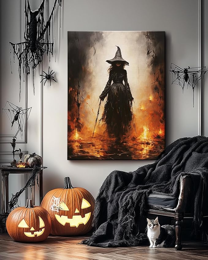 Halloween Canvas Wall Art - Vintage Witche Poster, Gothic Dark Academia Wall Decor, Spooky Halloween Decor for Living Room, Bedroom & Bathroom, Framed Fall Decorations Indoor-Ruum Studio Home