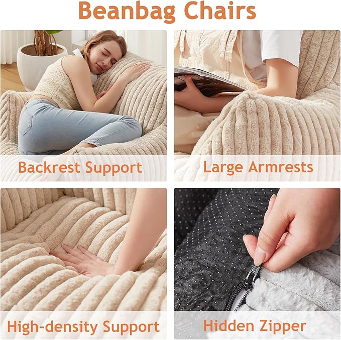Giant Bean Bag Chairs for Adults with Filling Plush Fluffy Bean Bag Chairs for Teens with Armrests Comfy BeanBag Lazy Couch Sofa Chair for Bedroom Living Room Reading-Ruum Studio Home