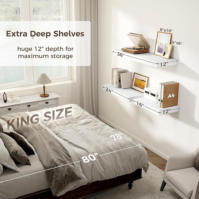 White Floating Shelves 36 Inch Long, 12 Inch Deep Floating Shelves for Wall, 36 x 12 Shelves for Wall Storage & Display, 2" Thick Floating Shelf for Bathroom, Living Room, Bedroom, Set of 1-Ruum Studio Home