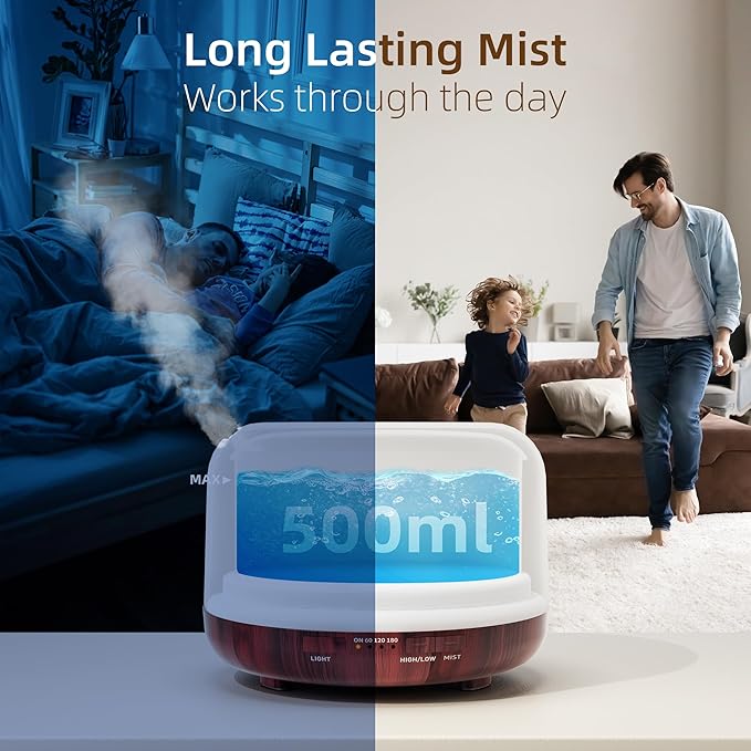 ASAKUKI 500ml Essential Oil Diffuser, Aromatherapy Fragrant Oil Humidifier Vaporizer, 7-Color Light and Auto-Off Safety Switch Reddish-Brown-Ruum Studio Home