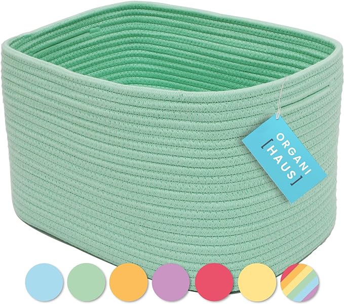 OrganiHaus Green Basket for Shelves, Decorative Cloth for Organizing, Cotton Rope Storage Basket for Toys, Small Woven Baskets for Storage-Ruum Studio Home