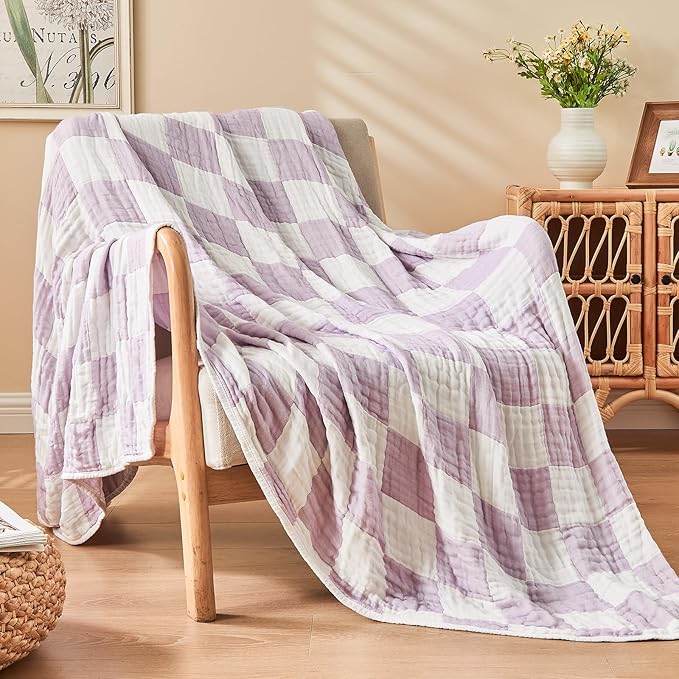 EMME Checkered Cotton Blanket Queen Size for Bed Soft Large Muslin Bed Blankets 80"x90" Lightweight Breathable Cooling All Season, Lavender-Ruum Studio Home