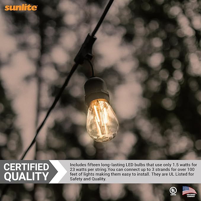 Sunlite 48ft Outdoor String Lights, 1.5W Commercial Grade, Waterproof, Linkable Strands, UL Listed, 15 Hanging Sockets, Shatterproof LED Edison Bulbs Included, 2700K Soft White-Ruum Studio Home