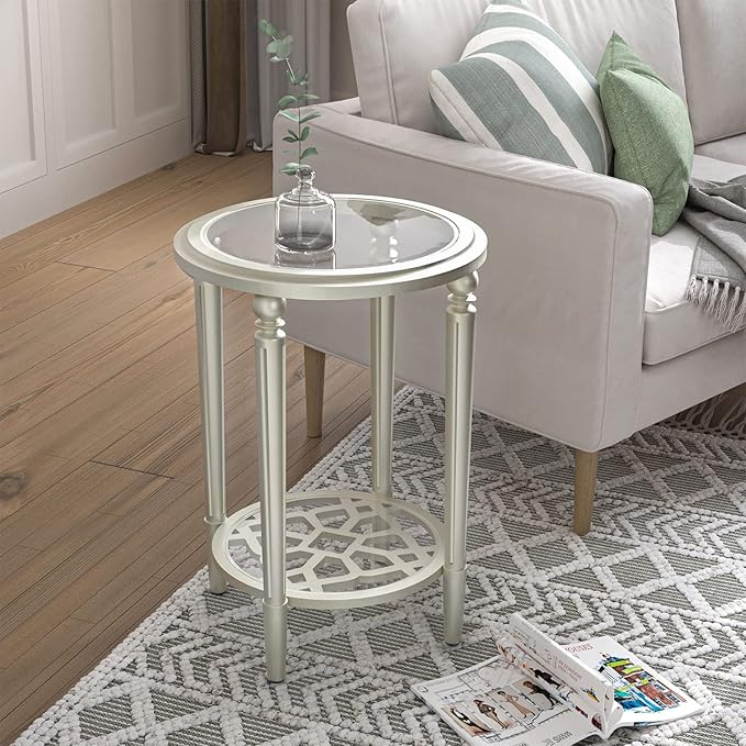 COSIEST Set of 2 Modern Round End Table, 2-Tier Glass Side Table with Glass Tabletop, Wood Accent Table with Storage Shelf for Living Room, Bedroom-Ruum Studio Home