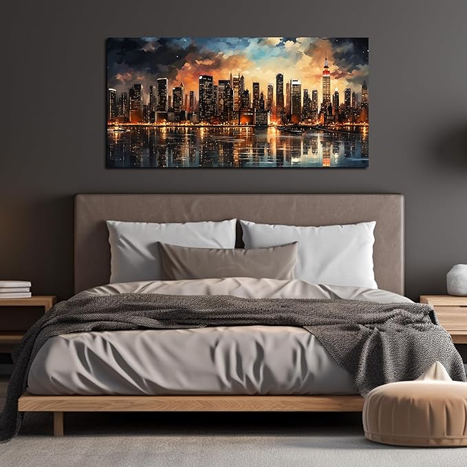 New York Skyline Wall Art for Living Room Modern Canvas Wall Art for Bedroom Above Bed Large Art Work for Office Walls 24 x 48 Inch-Ruum Studio Home