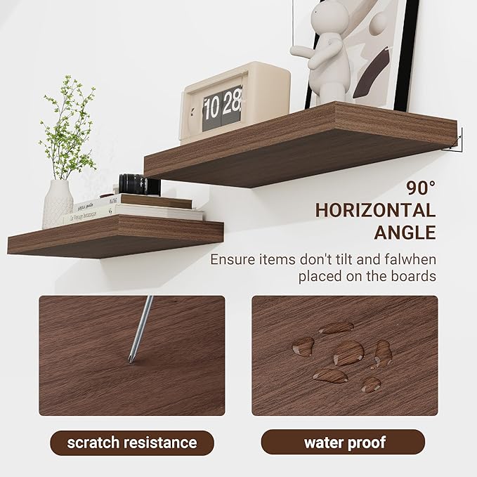 16 Inch Floating Shelves, 16"x9.25"x1.5" Inch Deep Floating Shelves for Wall, Wooden Shelves for Bathroom, Bedroom, Living Room, Walnut-Ruum Studio Home