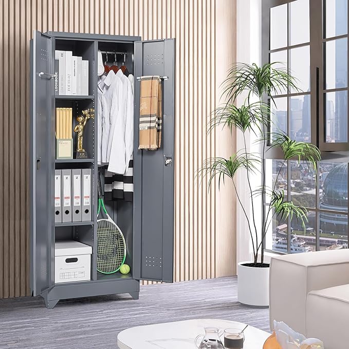 Lockable Storage Cabinet,Utility Closet with Doors and Shelves,SteelGarage Cabinet with Adjustable Shelves for Home,Garage,Gray-Ruum Studio Home