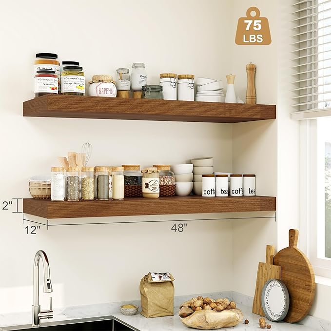 Heimlove Walnut Bathroom Shelves Floating Shelves for Wall Shelf Over Toilet Long Wall Mounted Modern Farmhouse,48 x 12 Wall Shelves with Invisible Brackets for Living Room, Kitchen, Bedroom-Ruum Studio Home