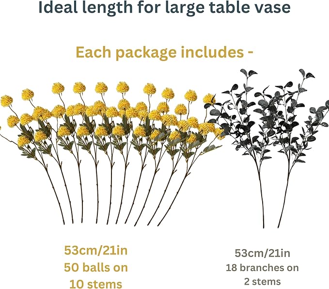 Yellow Flowers Artificial Long Stems Kiku Flower With Eucalyptus, Spring Flowers Decor, Mustard Yellow Decor, Flores Amarillas Artificiales Para Decoracion, Faux Easter Spring Summer Floral Stems-Ruum Studio Home