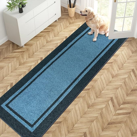 PURRUGS Dirt Trapping Door Mat 24" x 84", Non-Slip/Skid Machine Washable Entryway Rug, Shoes Scraper, Area Rug, Super Absorbent Welcome Mat for Muddy Wet Shoes and Paws, Light Blue & Navy-Ruum Studio Home