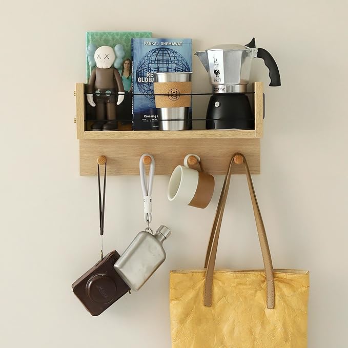 Entrance Coat Rack ，Coat Hooks, Wall-Mounted Wooden Hook Rack, Wall-Mounted Shelves are Very Suitable (Oak Colored Finish-A)-Ruum Studio Home
