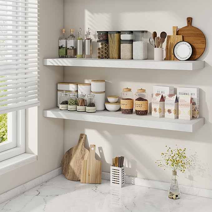 Fun Memories 40" Rustic Wood Floating Shelves with Invisible Brackets for Storage & Decor, Deep Wall Mounted Shelves for Bathroom, Kitchen, Living Room (White, Set of 2)-Ruum Studio Home
