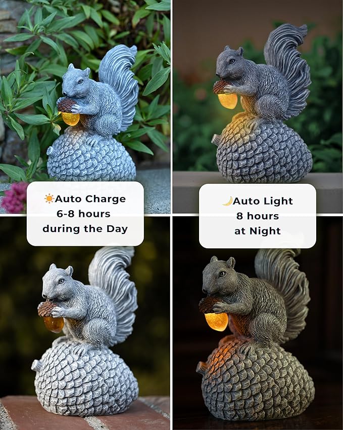 Solar Garden Statue – Hand-Painted Resin Squirrel on Pinecone with Glowing LED Acorn – Charming Yard, Patio & Balcony Decor – Gift for Mom, Grandma & Garden Lovers-Ruum Studio Home